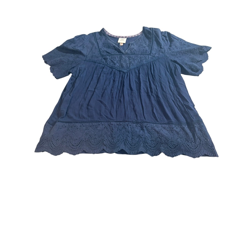 Knox Rose Babydoll Blouse XL Navy Blue Eyelet Embroidered Scalloped Hem Top - Picture 2 of 9